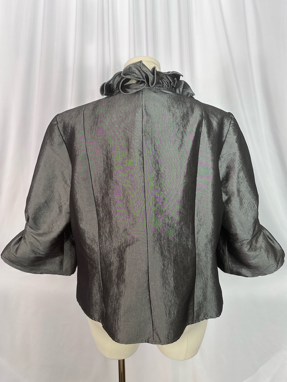 Nicolette Women’s Metallic Gray Ruffle Jacket Bell Sleeve Button Front (1415) - Picture 3 of 15